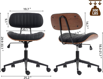 Home Office Chair with Wheels, Adjustable Height Desk Chair Leather Swivel Computer Chair, Armless Modern Walnut Chair for Office, Meeting Room, Black