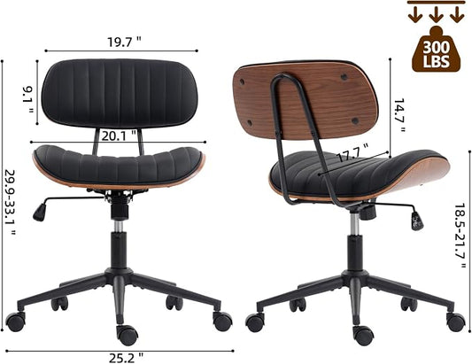 Home Office Chair with Wheels, Adjustable Height Desk Chair Leather Swivel Computer Chair, Armless Modern Walnut Chair for Office, Meeting Room, Black
