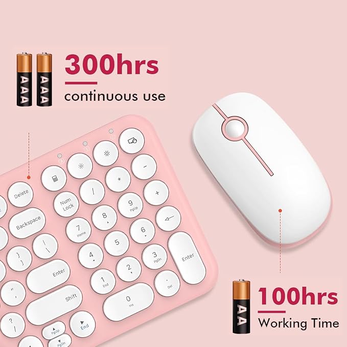 Wireless Keyboard and Mouse Combo,XTREMTEC 2.4GHz Quiet Slim Cute Round Keycap Compact Size Pink Kawaii Cordless Retro Keyboard and Mouse Set Home Office Accessories for Mac/Windows(Sakura Pink)