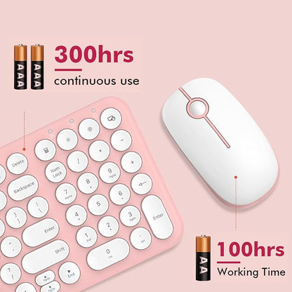 Wireless Keyboard and Mouse Combo,XTREMTEC 2.4GHz Quiet Slim Cute Round Keycap Compact Size Pink Kawaii Cordless Retro Keyboard and Mouse Set Home Office Accessories for Mac/Windows(Sakura Pink)