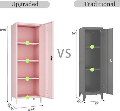 Steehoom Metal Storage Cabinet for Employees, Pink Locker, Lockable File Cabinet, Utility Tall Cabinet with 3 Shelves for Living Room, School, Office, Garage, Entryway (Pink, H59.06'')