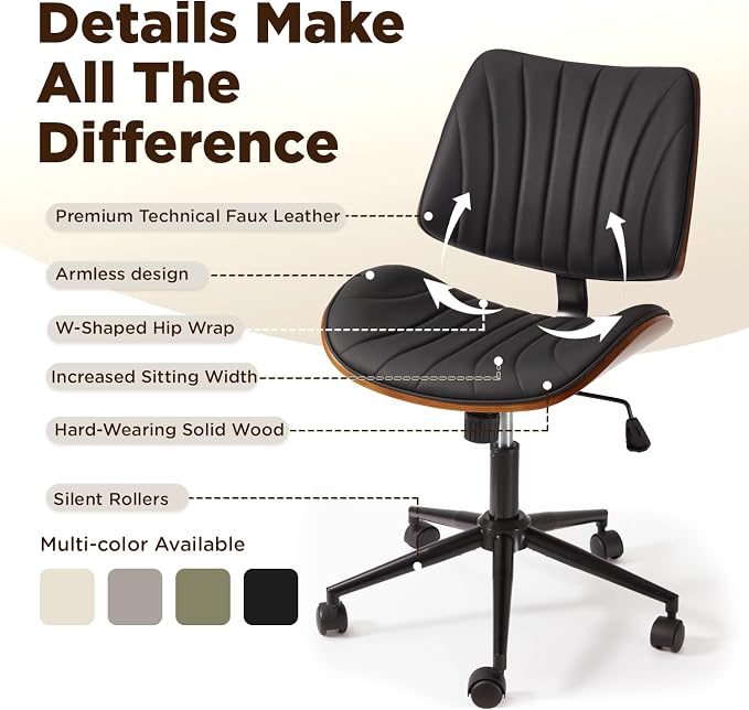 EROMMY Armless Office Desk Chair,Wooden Back Small Office Desk Chair No Arms Adjustable Height Modern Armless Chairs with Swivel Wheels for Small Spaces, Black