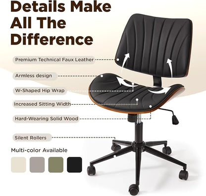EROMMY Armless Office Desk Chair,Wooden Back Small Office Desk Chair No Arms Adjustable Height Modern Armless Chairs with Swivel Wheels for Small Spaces, Black