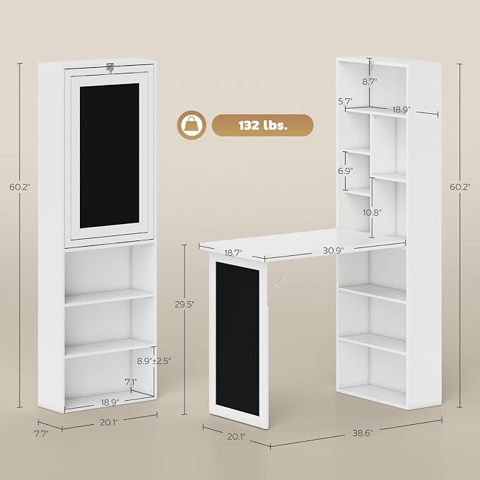 Foldable Wall Mounted Desk with Storage Shelves & Blackboard, Fold-Out Convertible Writing Table for Small Spaces | Space-Saving Floating Computer Desk for Home Office (White)