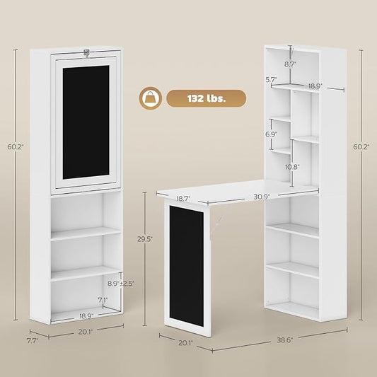 Foldable Wall Mounted Desk with Storage Shelves & Blackboard, Fold-Out Convertible Writing Table for Small Spaces | Space-Saving Floating Computer Desk for Home Office (White)