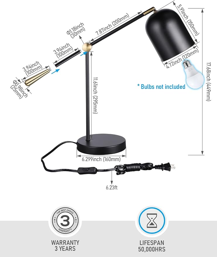 TORCHSTAR Adjustable Desk Lamp Aesthetic, AC 110-120V, Swing Arm Task Desk Lamp, Max 60W, E26 Base, Bulb Not Included, Metal Decor Desktop Lamp with On/Off Switch, for Work, Study, Home Office, Black
