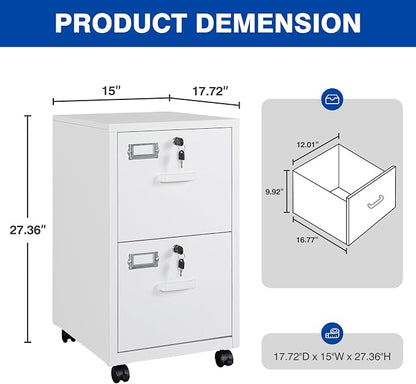 BYNSOE 2 Drawers File Cabinet with Lock Metal Vertical File Cabient with Wheels Mobile File Cabinet for Office Home Legal/Letter/a4 Size Require Assembly (White, 2 Drawers)