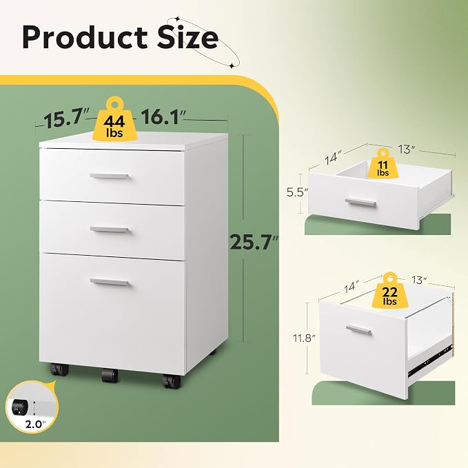 DEVAISE 3 Drawer Wood Mobile File Cabinet, Rolling Filing Cabinet for Letter/A4 Size, White