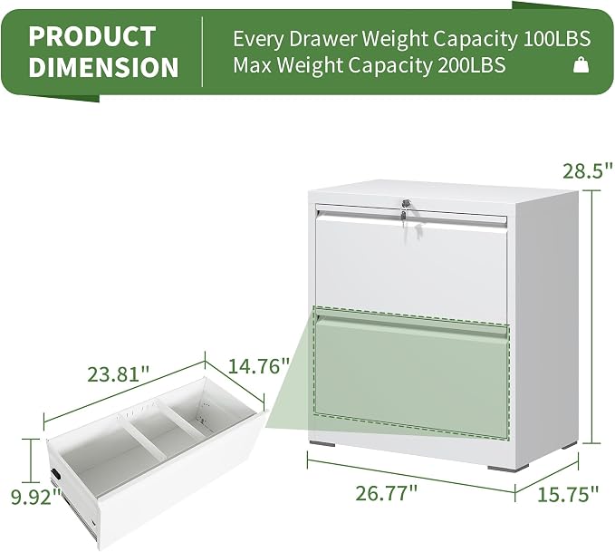 2 Drawer File Cabinet,Metal Lateral Filing Cabinet with Lock,Home Office Storage Organizer Cabinet for Legal/Letter/A4/F4 Size Files,26.8" W,White