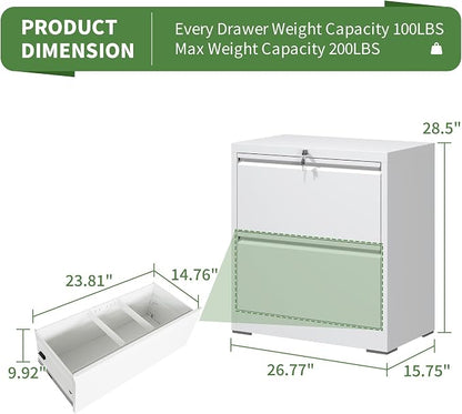 2 Drawer File Cabinet,Metal Lateral Filing Cabinet with Lock,Home Office Storage Organizer Cabinet for Legal/Letter/A4/F4 Size Files,26.8" W,White