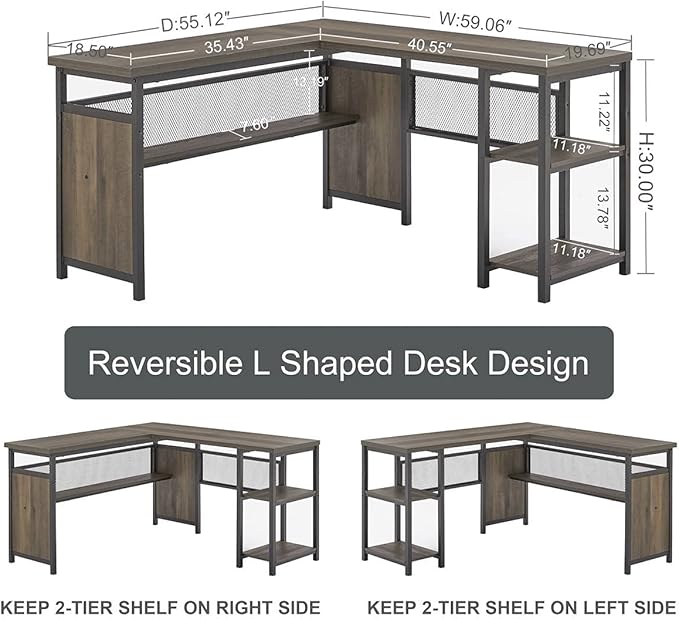 FATORRI L Shaped Desk, Industrial Reversible Home Office Computer Desk with Wood Shelves, Corner Desks with Metal Legs (Walnut Brown, 59 Inch)