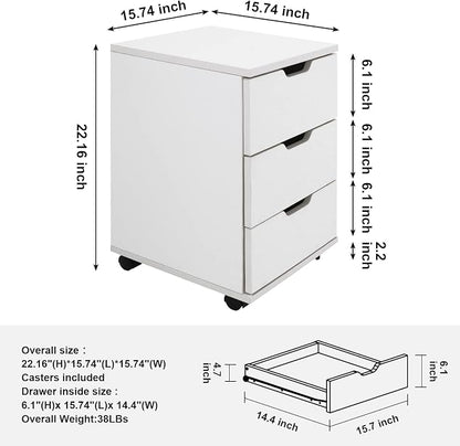 Farini 3-Drawer Vertical Filing Cabinet Rolling Wood Mobile File Cabinets Under Desk for Home Office with Casters，White,Fully-Assembled