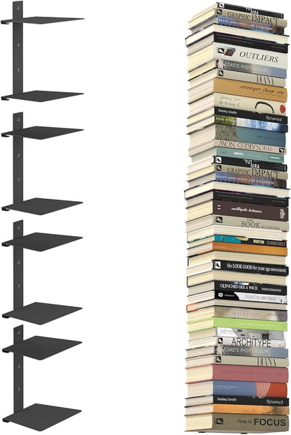 Mefirt Invisible Floating Bookshelves for Wall, 8 Tier Vertical Spine Book Tower, Heavy Duty Floating Book Shelves Metal Book Organizers for Home Office, 4 Pack(Black)