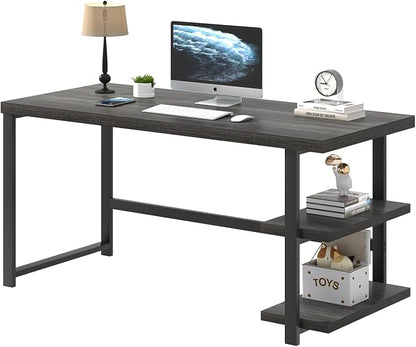FOLUBAN Home Office Desk, Modern Computer Desk with Storage Shelf, Wood Study Writing Gaming Table for Bedroom Living Room, Industrial Dark Gray, 53 Inch