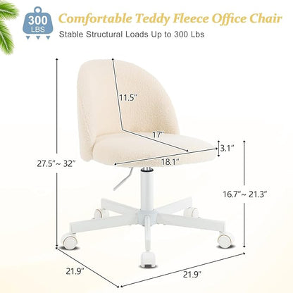 VINGLI Candy Chair Armless Cute Desk Chair,Comfy Small Office Chair with Wheels,Vanity Chair Lumbar Support,Teddy Adjustable Rolling Swivel Computer Task Chair for Home Office,Bedroom,Creamy Beige
