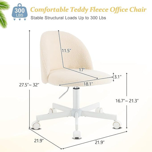 VINGLI Candy Chair Armless Cute Desk Chair,Comfy Small Office Chair with Wheels,Vanity Chair Lumbar Support,Teddy Adjustable Rolling Swivel Computer Task Chair for Home Office,Bedroom,Creamy Beige