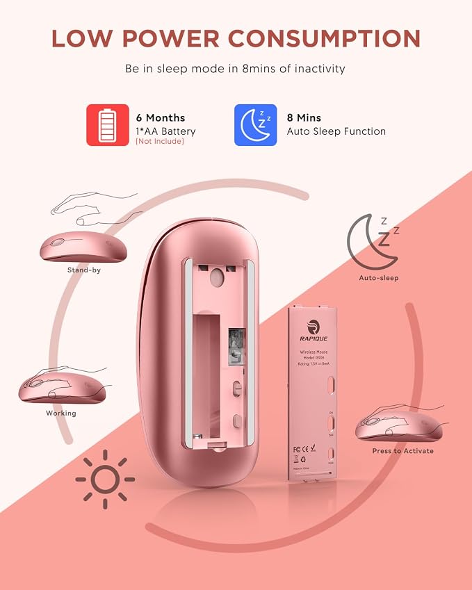 RAPIQUE Bluetooth Wireless Mouse - (BT5.1+USB) Dual Connectivity, Quiet Click, Low Power, and 1600 DPI, Portable Cordless Mouse for Mac, Laptop, MacBook Pro/Air, iPad (Rose Gold)