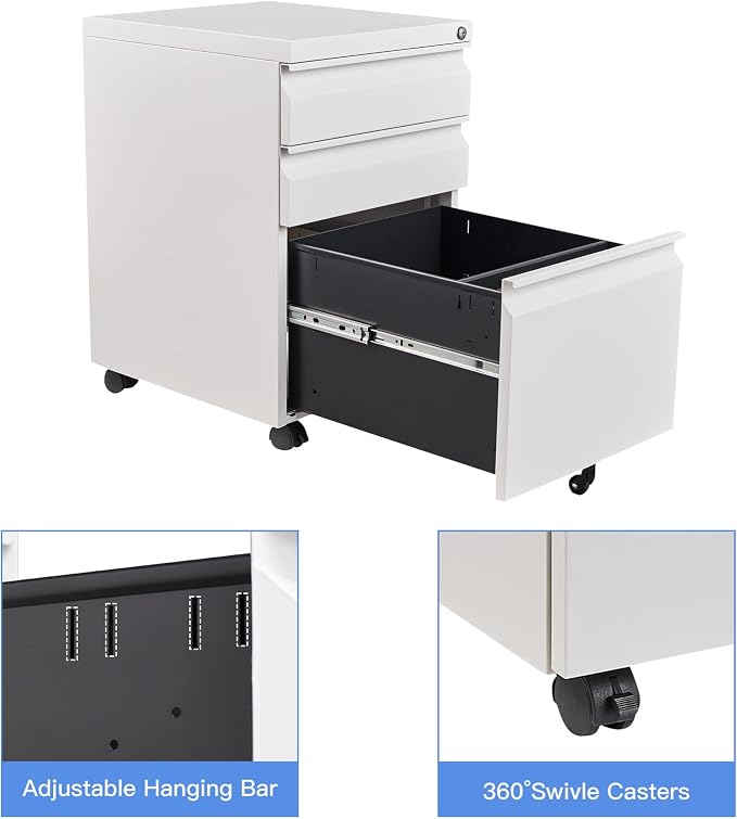 Yizosh 3 Drawer Mobile File Cabinet with Lock, White Under Desk Rolling Filing Cabinet, Metal Locking File Cabinet on Wheels for Legal/Letter/A4 File (Full Assemble)