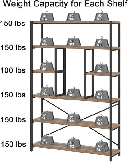 LVB Tall Industrial Etagere Bookcase, Modern Wood Large Open 6 Tier Bookshelf, Vintage Wide Metal Book Shelf Organizer, Farmhouse Book Shelves for Bedroom Living Room Home Office Storage, Rustic Oak
