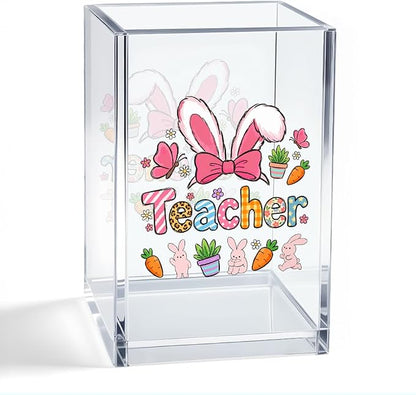 Teacher Acrylic Organizer Pencil Pen Holder, Easter Bunny Makeup Brush Storage Organizer, Easter Desk Accessories Holder for Women Coworker Teacher Educator Mentor Principal Bunny Lovers