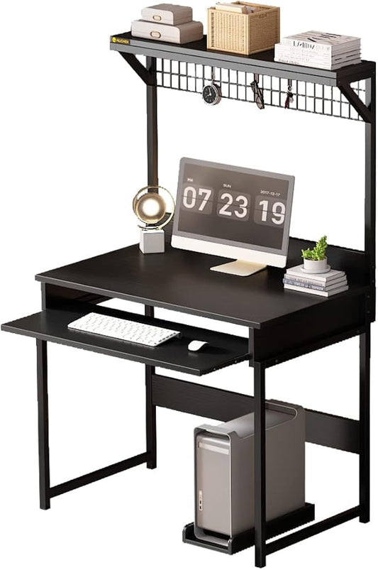 Computer Desk with Hutch and Storage Shelves，31.5 Inch Desk with Keyboard Tray and Metal Mesh Panel, Small Study Writing Workstation Bookshelf for Home Office, Brown