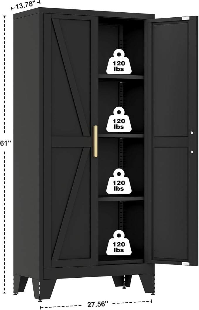 QINPTWUT 61" Metal Storage Cabinet, 4-Tier Kitchen Pantry with 3 Adjustable Shelves, Farmhouse Design Freestanding Cupboard for Kitchen, Bathroom, Laundry, Garage, Black
