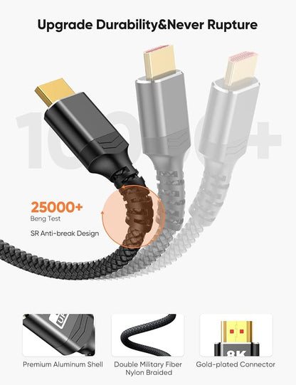 Highwings 8K HDMI 2.1 Cable 2-Pack 15FT, Slim Ultra High Speed HDMI Braided Cord-48Gbps,4K@120Hz 8K@60Hz, HDCP 2.2&2.3, Dynamic HDR,eARC,DTS:X,RTX 3090,Compatible with Roku TV/HDTV/PS5/Blu-ray