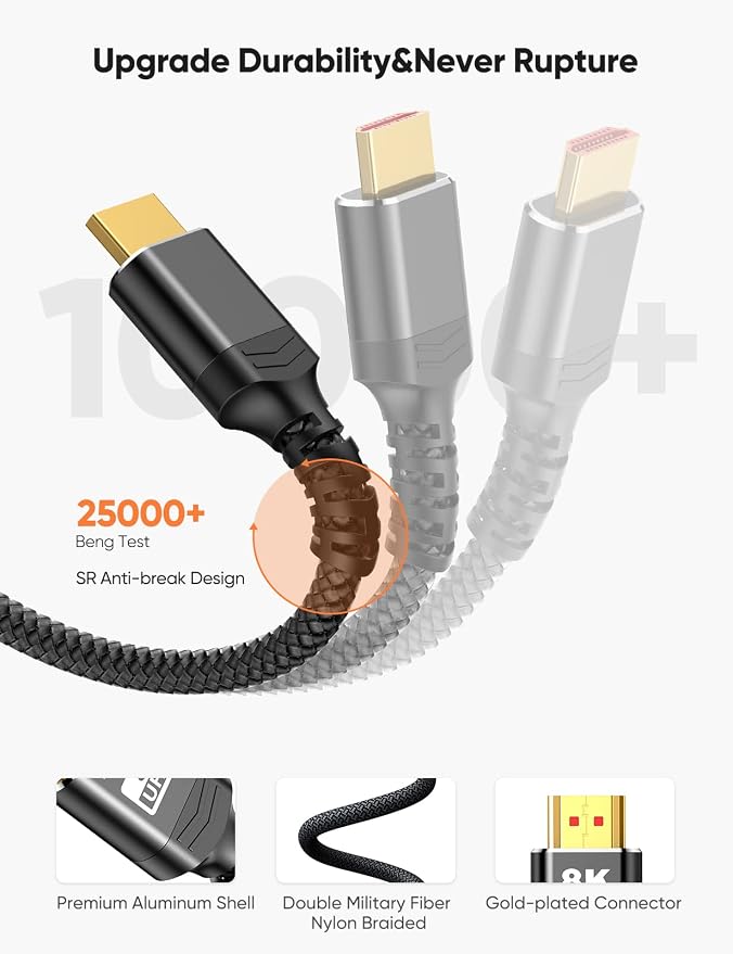 Highwings 8K HDMI 2.1 Cable 2-Pack 3.3FT, Slim Ultra High Speed HDMI Braided Cord-48Gbps,4K@120Hz 8K@60Hz, HDCP 2.2&2.3, Dynamic HDR,eARC,DTS:X,RTX 3090,Compatible with Roku TV/HDTV/PS5/Blu-ray