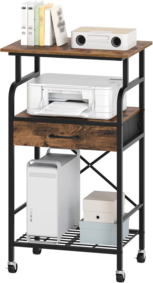 MAHANCRIS Tall Printer Stand, 3 Tier Printer Cart with Storage, Industrial Printer Table on Wheels, Adjustable Shelf & Fabric Drawer, for Home Office Study Rustic Brown PTHR5401