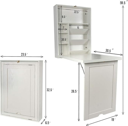 YUSING Wall Mounted Table, Fold Out Convertible Desk Multi-Function Computer Desk Writing Desk Home Office Wood Wall Floating Desk with Large Storage Area