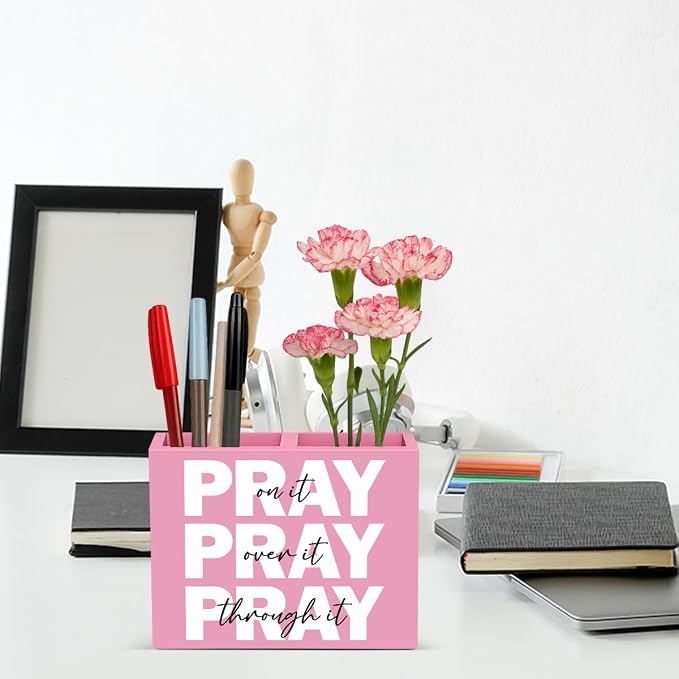 Pink Pray on It Office Desk Pencil Holder Decor Inspirational Christian Gifts for Women Men HR Manager Coworker Friend Employee Boss Day Gifts Bible Verse Wooden Pencil Holder Sign