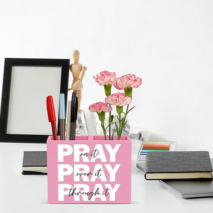 Pink Pray on It Office Desk Pencil Holder Decor Inspirational Christian Gifts for Women Men HR Manager Coworker Friend Employee Boss Day Gifts Bible Verse Wooden Pencil Holder Sign