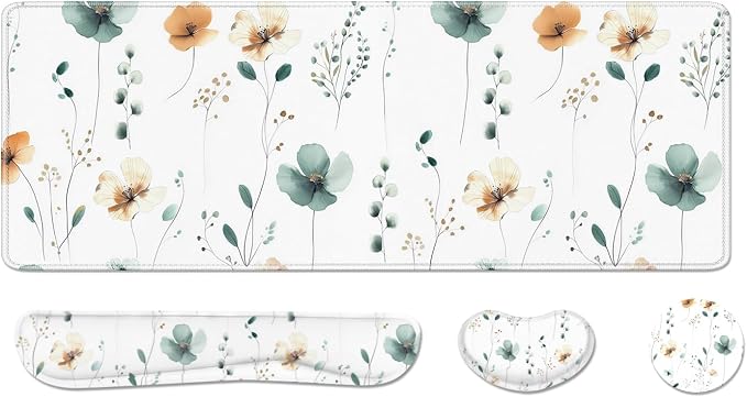 Desk Pad and Keyboard Wrist Rest, Large Mouse Pad + Keyboard Pad+Mouse Wrist Support, Non-Slip Desk Mat Protector for Office, Home 31.5×11.8 Inches Mini Floral