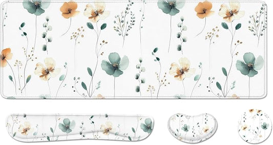 Desk Pad and Keyboard Wrist Rest, Large Mouse Pad + Keyboard Pad+Mouse Wrist Support, Non-Slip Desk Mat Protector for Office, Home 31.5×11.8 Inches Mini Floral