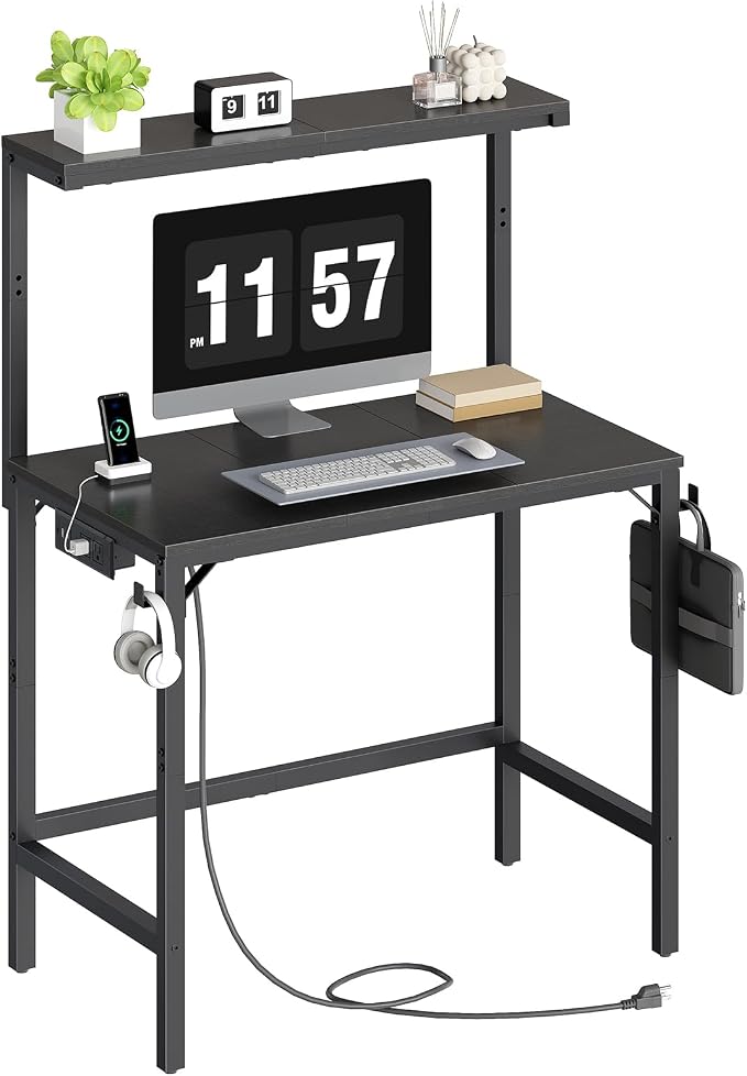 HOOBRO Small Computer Desk, 28.3" Desk for Small Spaces, Home Office Desk with Power Outlet & Adjustable Monitor Stand, Compact Desk with Storage, Writing Table for Bedroom, Office, Black BB38UDN01