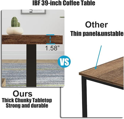 IBF Rustic Coffee Table, Industrial Simple Wooden Living Room Table, Modern Minimalist Farmhouse Rectangle Center Table, Wood and Metal Vintage Tea Coffee Table for Home Bedroom, Rustic Brown, 39 Inch