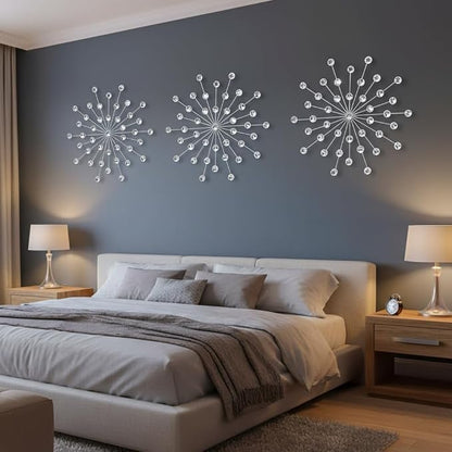 ZEXUIRU 3 Set Silver Starburst Wall Art for Home Decor Metal Bling Crystal Rhinestones Sunburst Wall Decor Sparkling Rhinestone Art Accent Silver - 18in