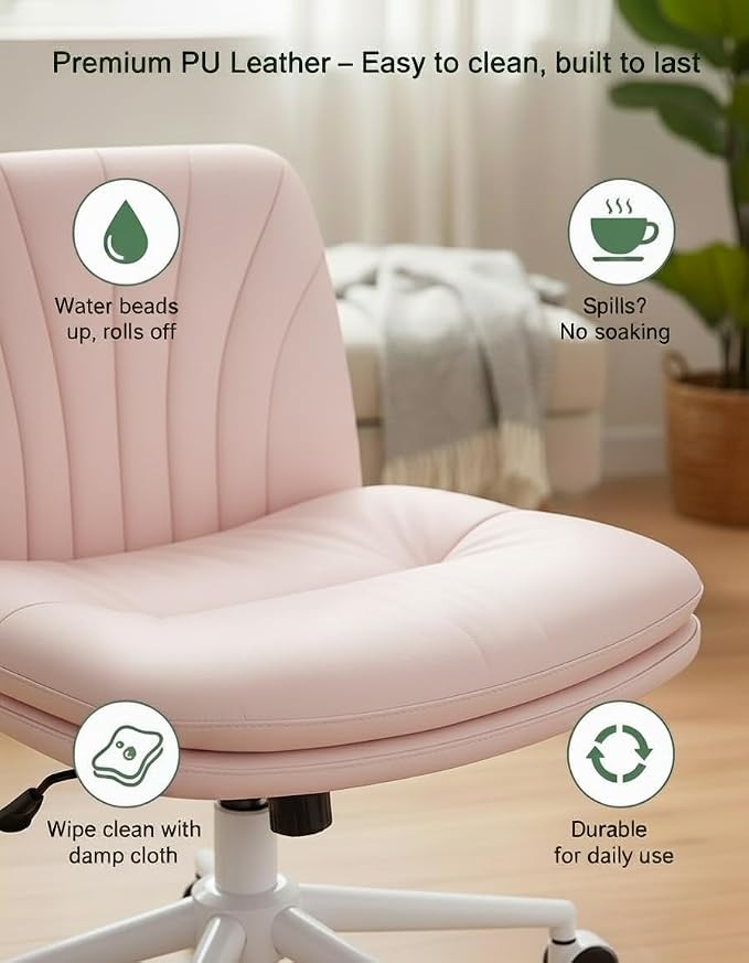 Marsail Armless-Office Desk Chair with Wheels: PU Leather Cross Legged Wide Chair,Comfortable Adjustable Swivel Task Chairs for Home,Office,Make Up,Small Space,Bed Room, Pink