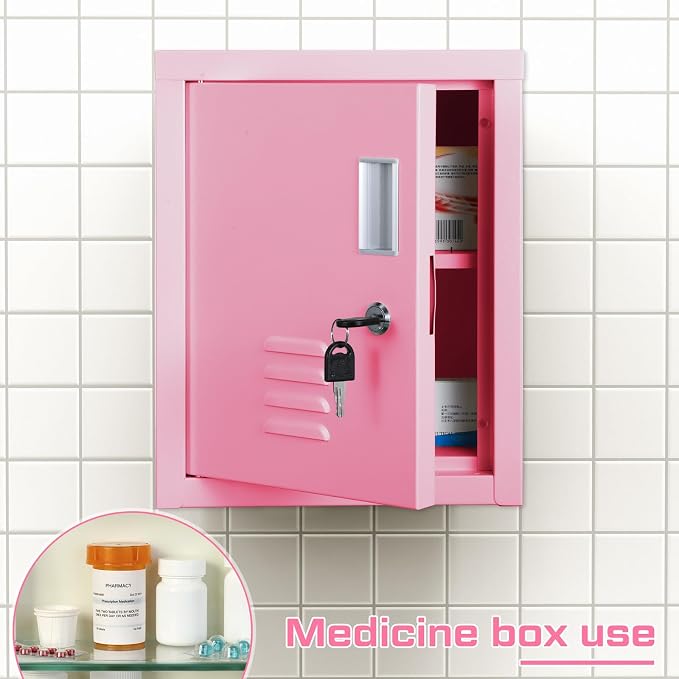 Suzile Lockable Storage Cabinet Metal Lockable Steel Storage Cabinet Organizer Lockers for Employees Vertical Metal Cabinets End Side Table Steel Bedside with Shelf (Pink)