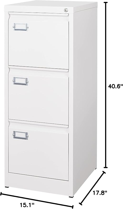 BYNSOE 3 Drawer File Cabinet with Lock Metal Vertical File Storage Cabinet Office Home Steel Vertical File Cabinet for A4 Legal/Letter Size Narrow File Cabinet Locked,Assembly Required
