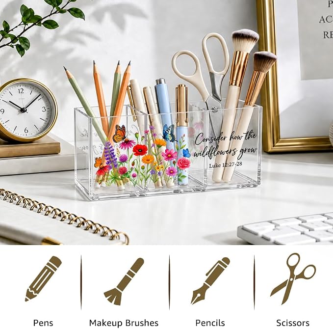 3 Compartments Funny Floral Acrylic Desk Organizer, Pen Holder & Makeup Organizer for Women, Colorful Wildflower Office Gifts for Coworker, Aesthetic Desk Decor for Women Vanity Office School