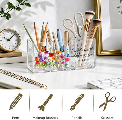 3 Compartments Funny Floral Acrylic Desk Organizer, Pen Holder & Makeup Organizer for Women, Colorful Wildflower Office Gifts for Coworker, Aesthetic Desk Decor for Women Vanity Office School
