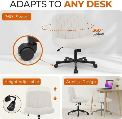 Criss Cross Chair with Wheels Wide Cross Legged Cute Office Desk Comfy Vanity Makeup Chair Fabric Height Adjustable Swivel for Home Computer Task, White