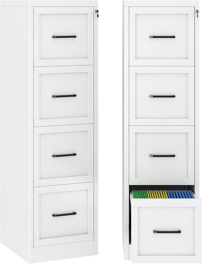 Small Metal 4-Drawer File Cabinet, Under-Desk Filing Cabinet, White | Locking, Adjustable Hanging Rail, Fit A4, FC, Letter, Hanging File Folders for Home Office Storage Organization, 2PS