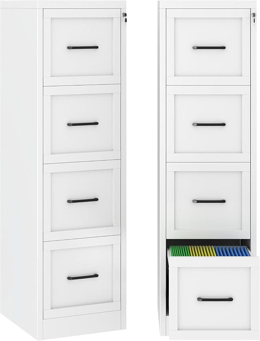 Small Metal 4-Drawer File Cabinet, Under-Desk Filing Cabinet, White | Locking, Adjustable Hanging Rail, Fit A4, FC, Letter, Hanging File Folders for Home Office Storage Organization, 2PS