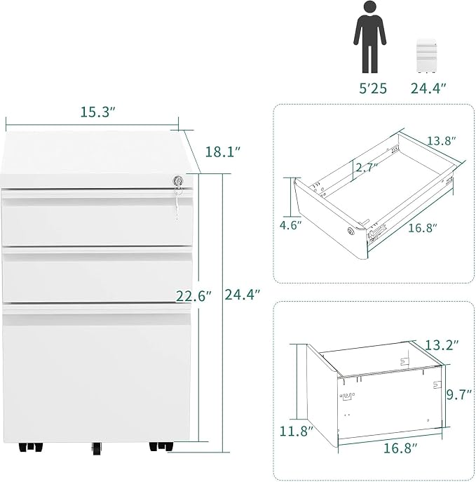 YITAHOME 3-Drawer Rolling Filing Cabinet Office Drawers, Lockable Office Storage Cabinet with Hanging Bars and Pencil Tray, Pre-Assembled Metal File Storage Under Desk (White)