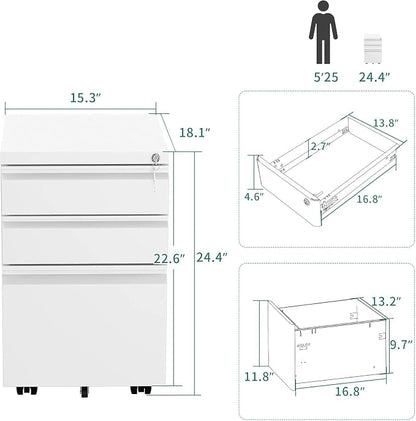 YITAHOME 3-Drawer Rolling Filing Cabinet Office Drawers, Lockable Office Storage Cabinet with Hanging Bars and Pencil Tray, Pre-Assembled Metal File Storage Under Desk (White)
