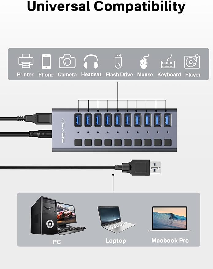 Powered USB 3.2 Hub, ACASIS 10 Ports USB 3.2 Hub with 10Gbps Data Speed, Aluminum Housing, USB Hub Powered with 48W Power Adapter, USB Hub for PC/Laptop, Computer, Flash Drive, Printer, Camera