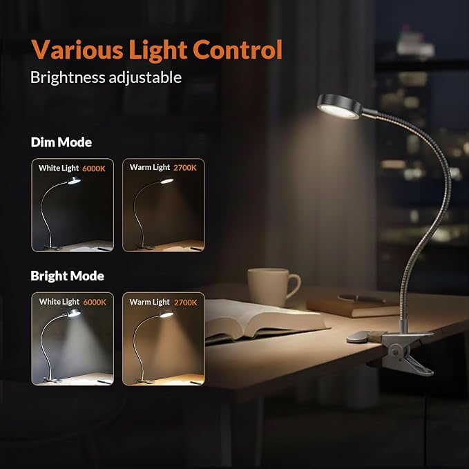 LEPOWER Clip on Light/Reading Light/Book Lights/Desk Lamp Color Changeable/Night Lights Clip on for Desk, Bed Headboard and Computers, Adapter Included, Silver
