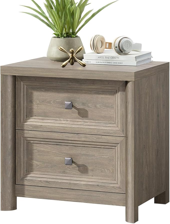 Grey Nightstand Rustic Wood Night Stand for Bedroom Living Room Sofa Couch, Farmhouse Nightstand with 2 Drawers, 22.8” Wide Large Bed Side Table, Bedside End Table with Metal Knob, Gray Color